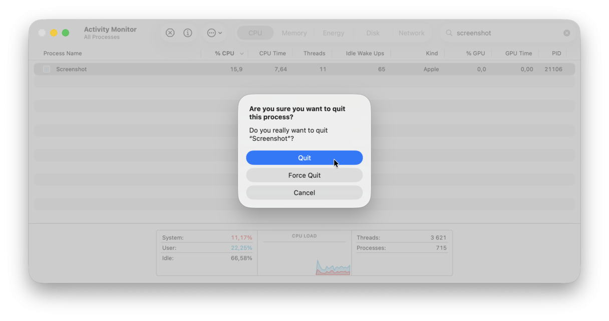 How to restart Screenshot utility on Mac