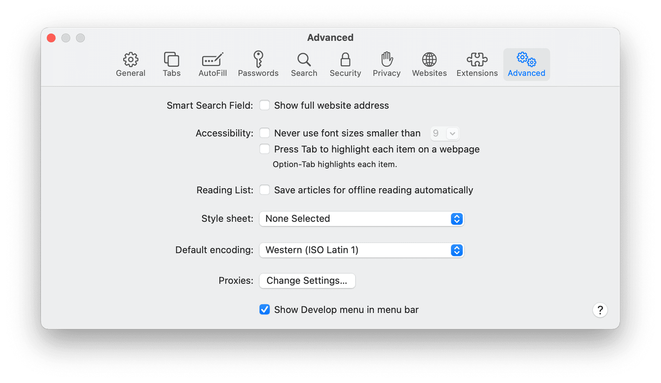 Safari - Advanced settings window
