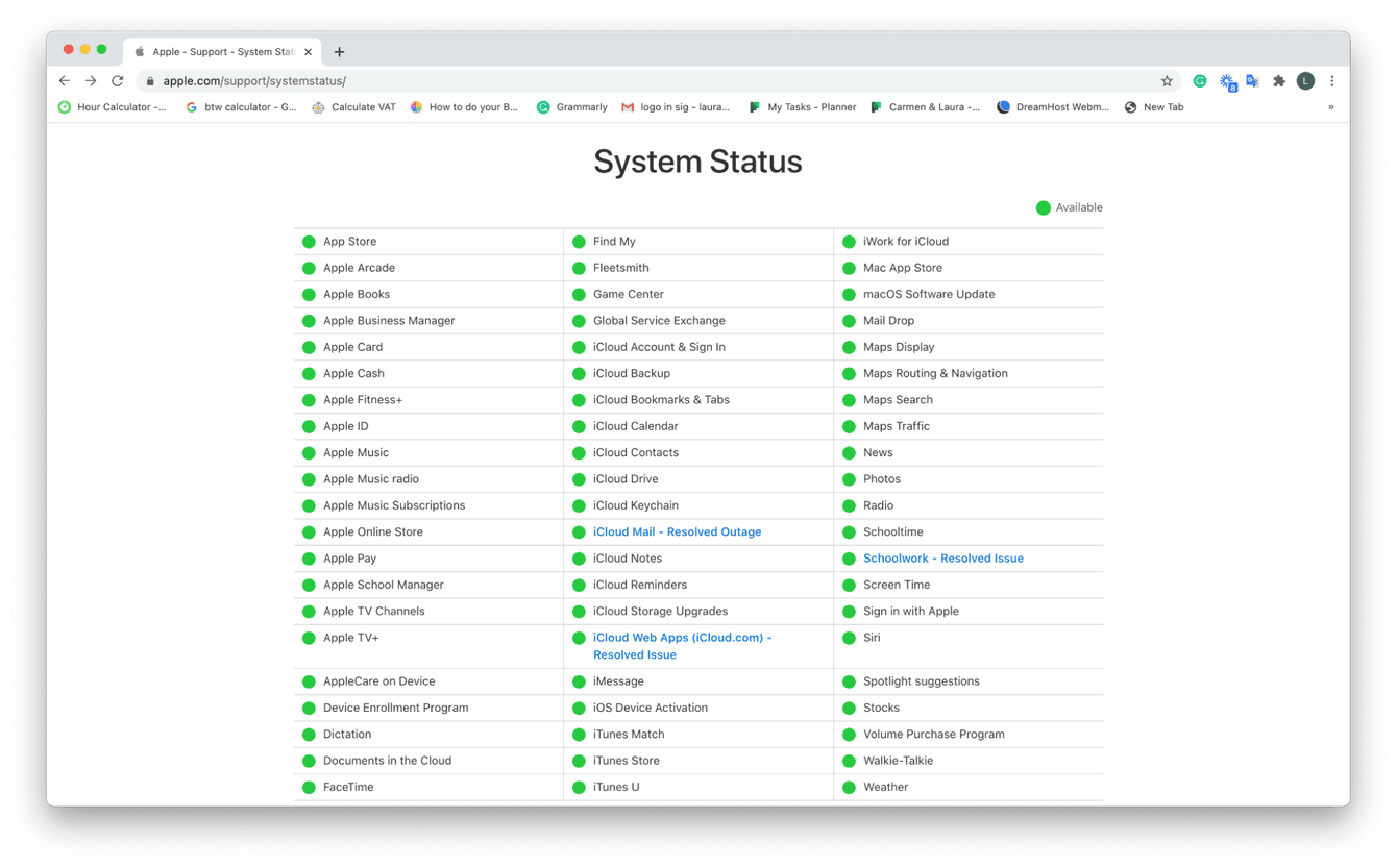 Apple system status page