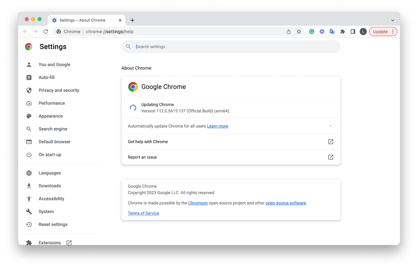 Chrome Settings – updates