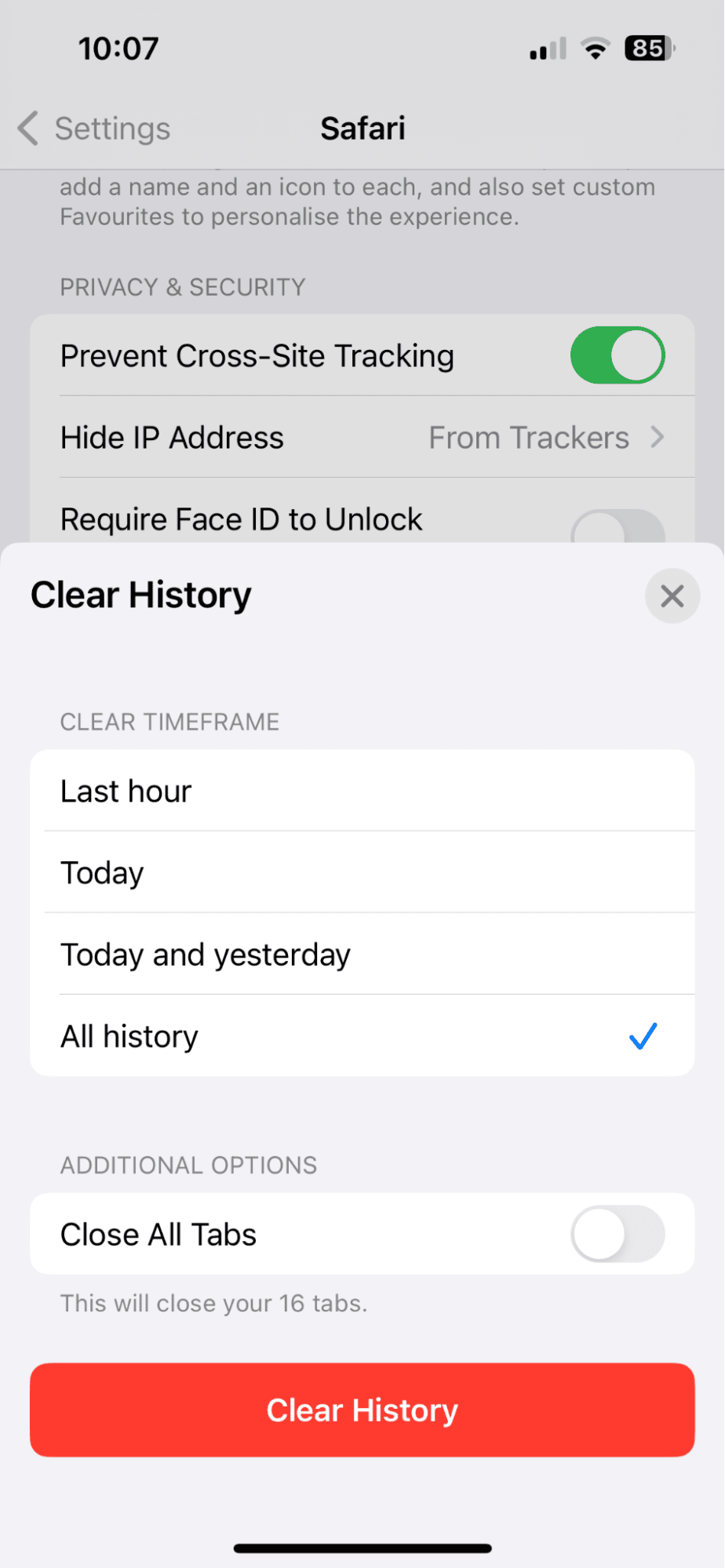 Clear History and Website Data