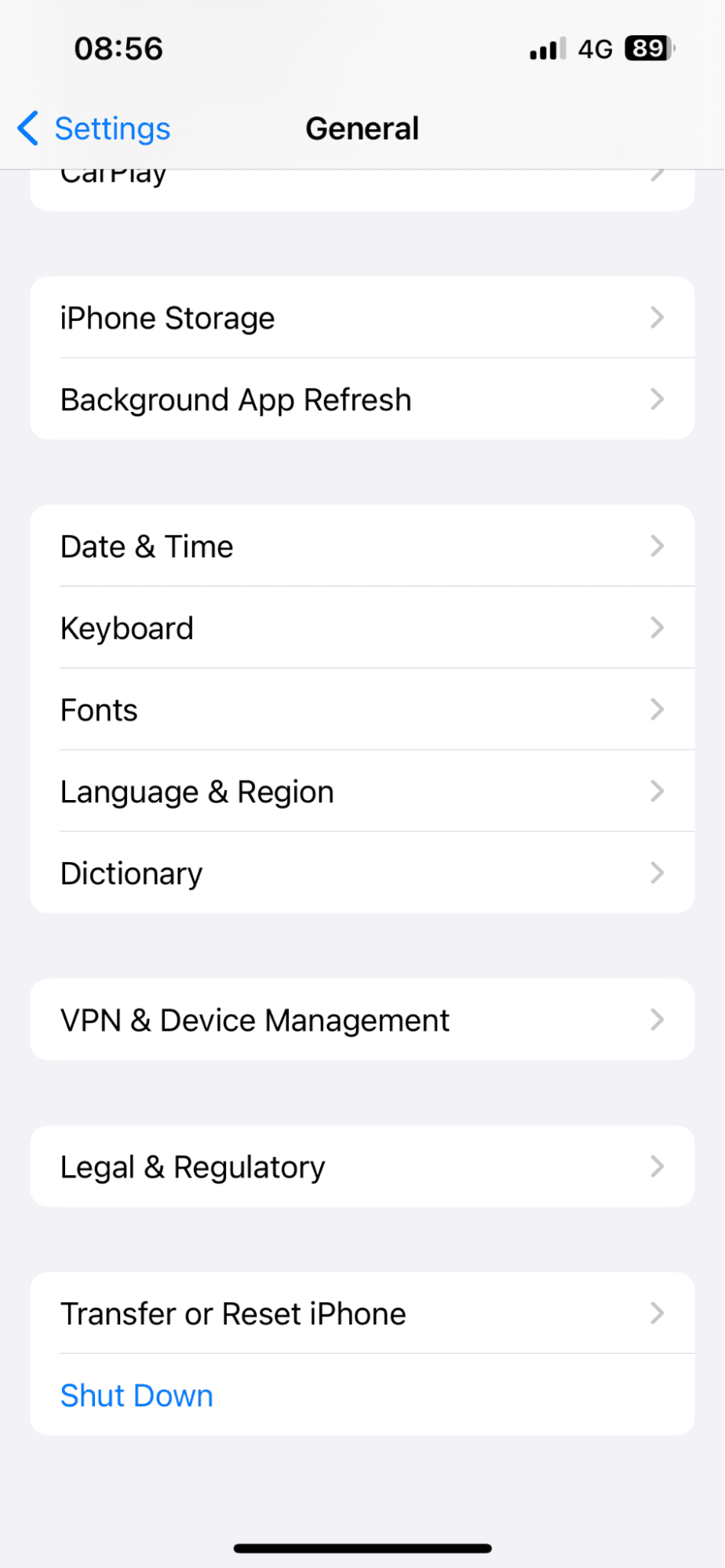 General settings on iPhone