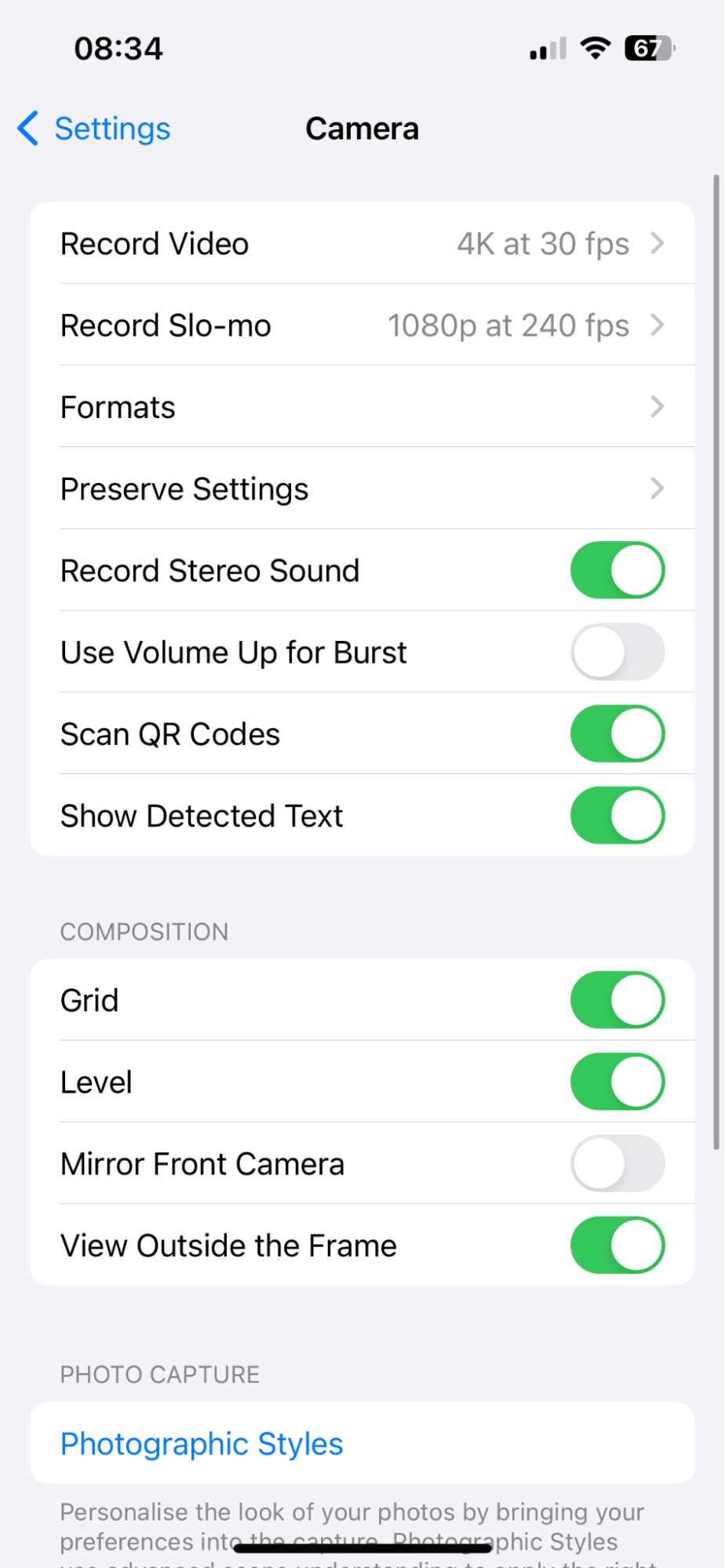 Camera Settings on iPhone