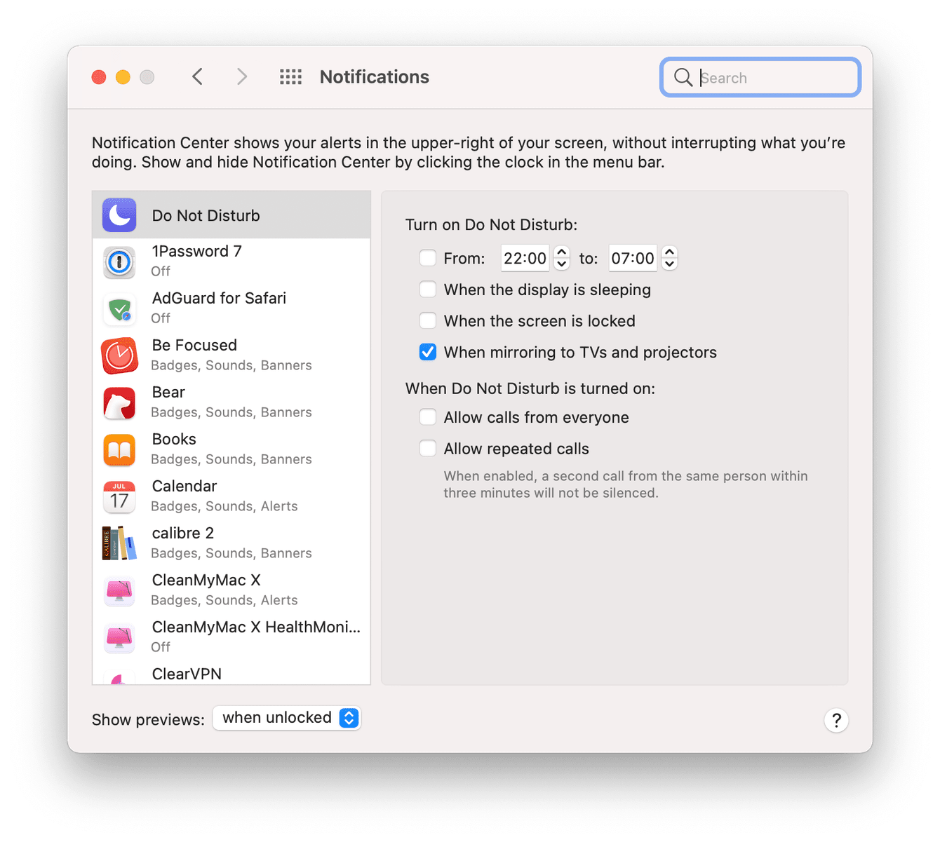 "Do not disturb" settings on Mac