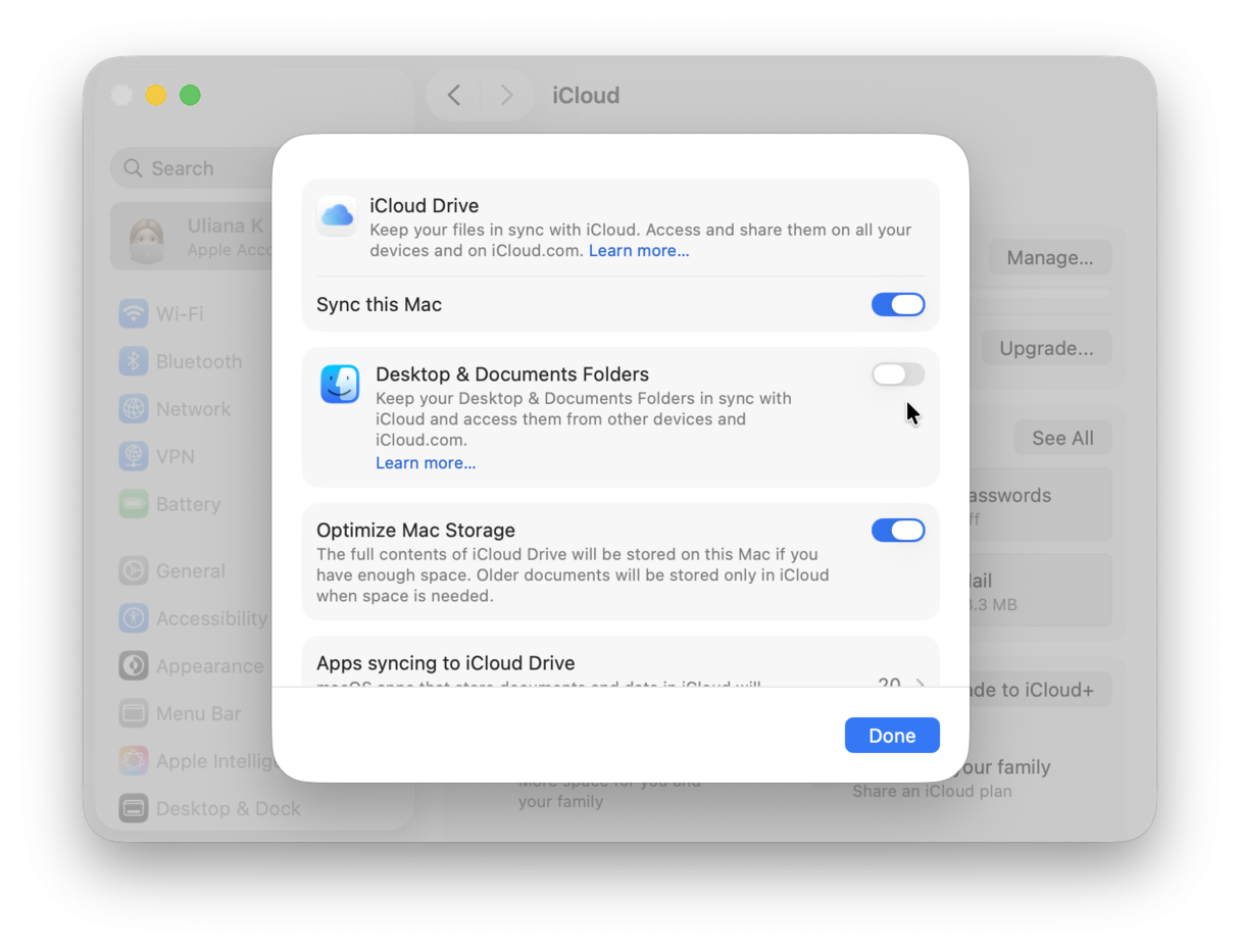 disable iCloud syncing macOS Tahoe