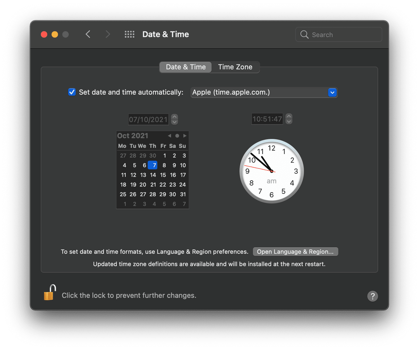 Date & Time settings on Mac