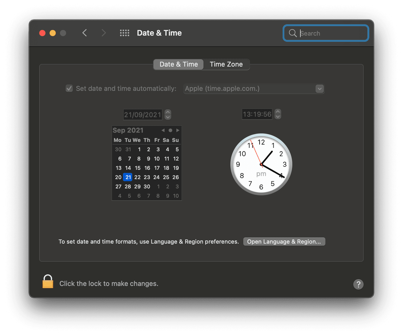 Date & time menu on Mac