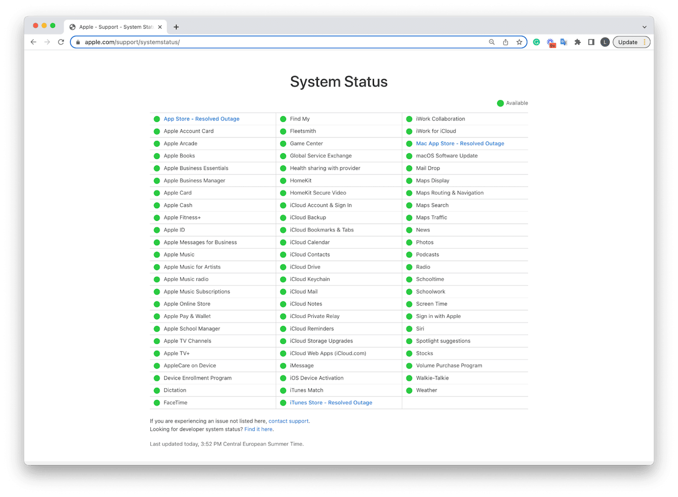 la página de Estado del sistema de Apple