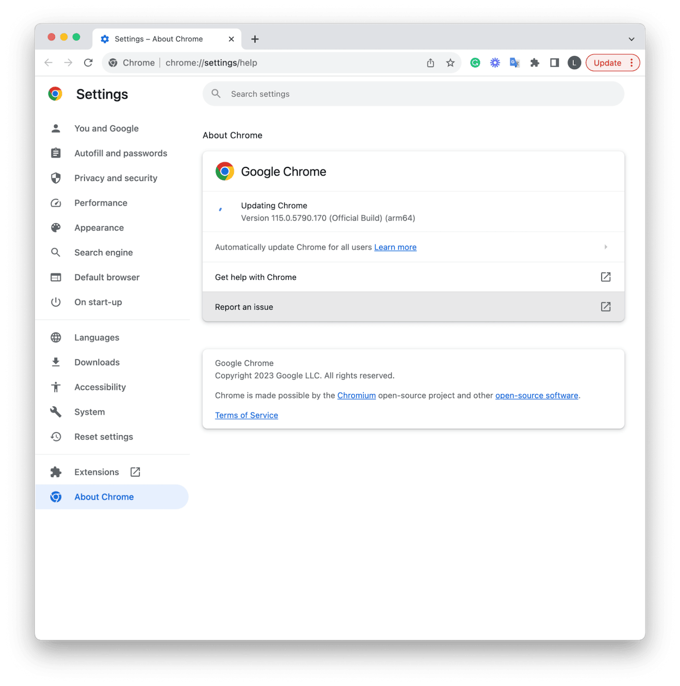 Chrome menu – About Google Chrome