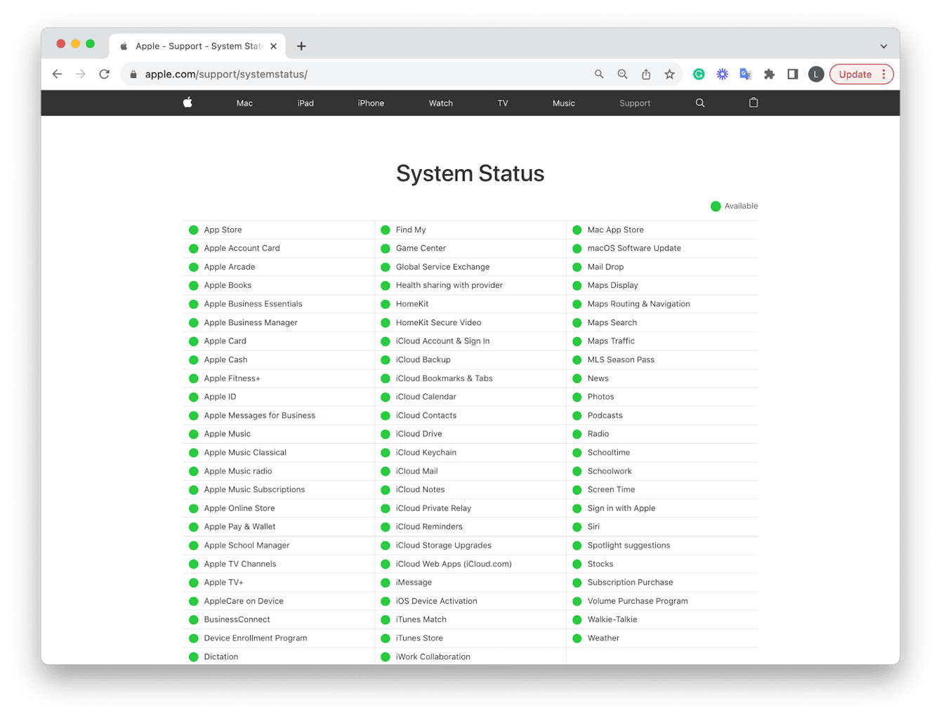 Apple System Status page