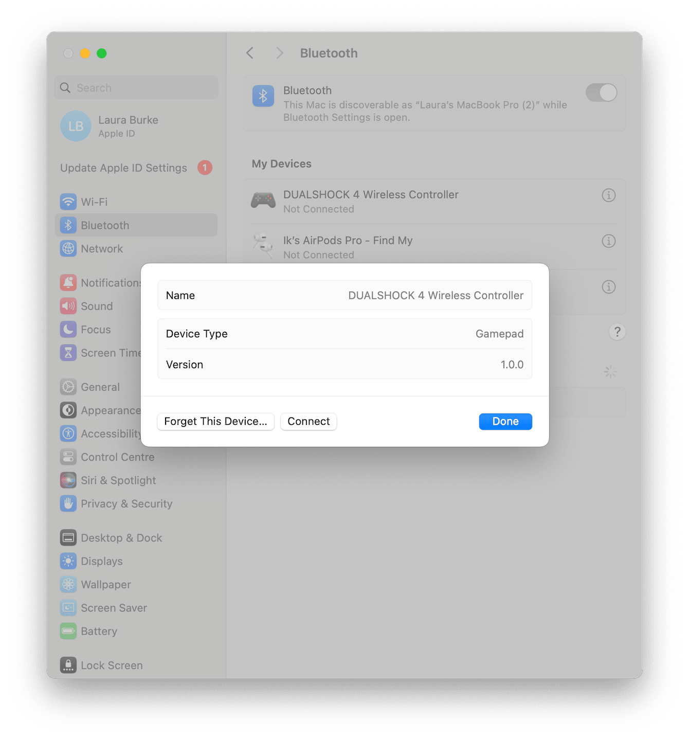Bluetooth settings on Mac