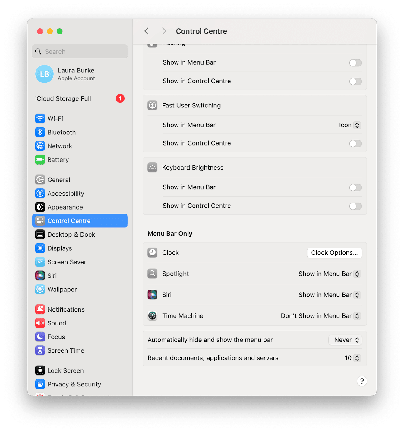 Control Center settings on Mac