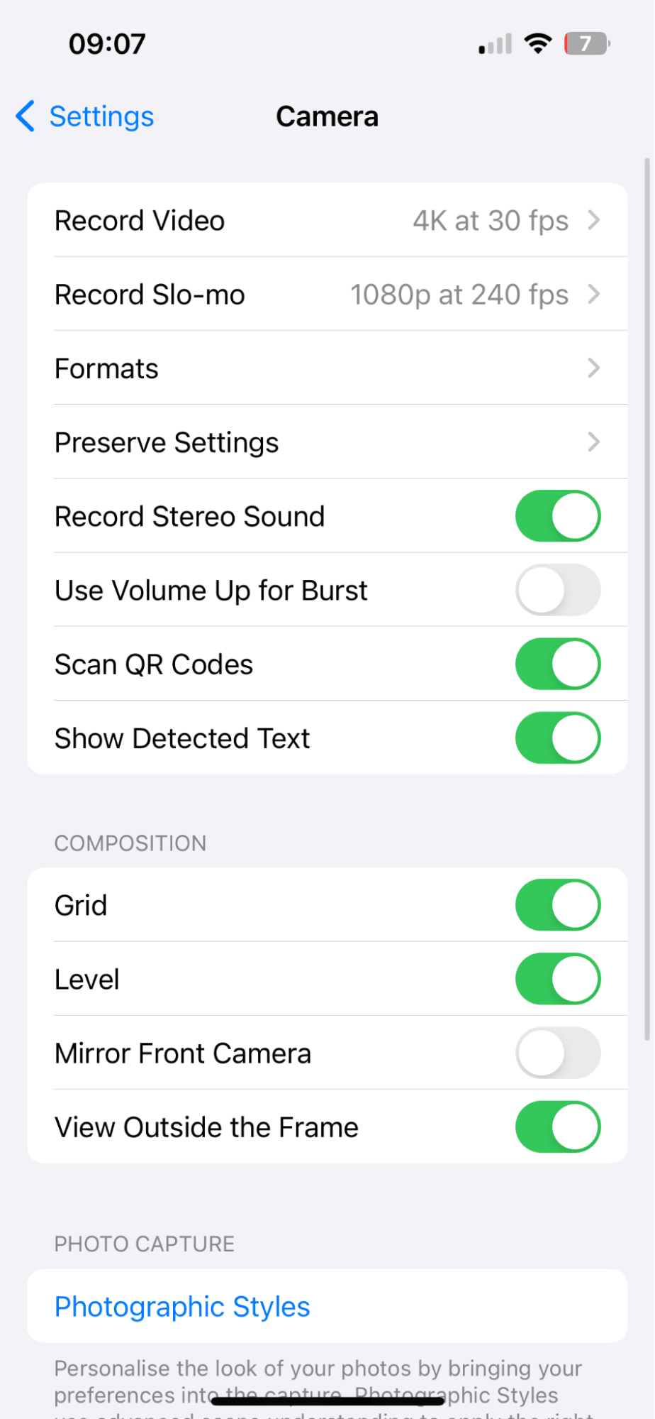 Camera settings on iPhone