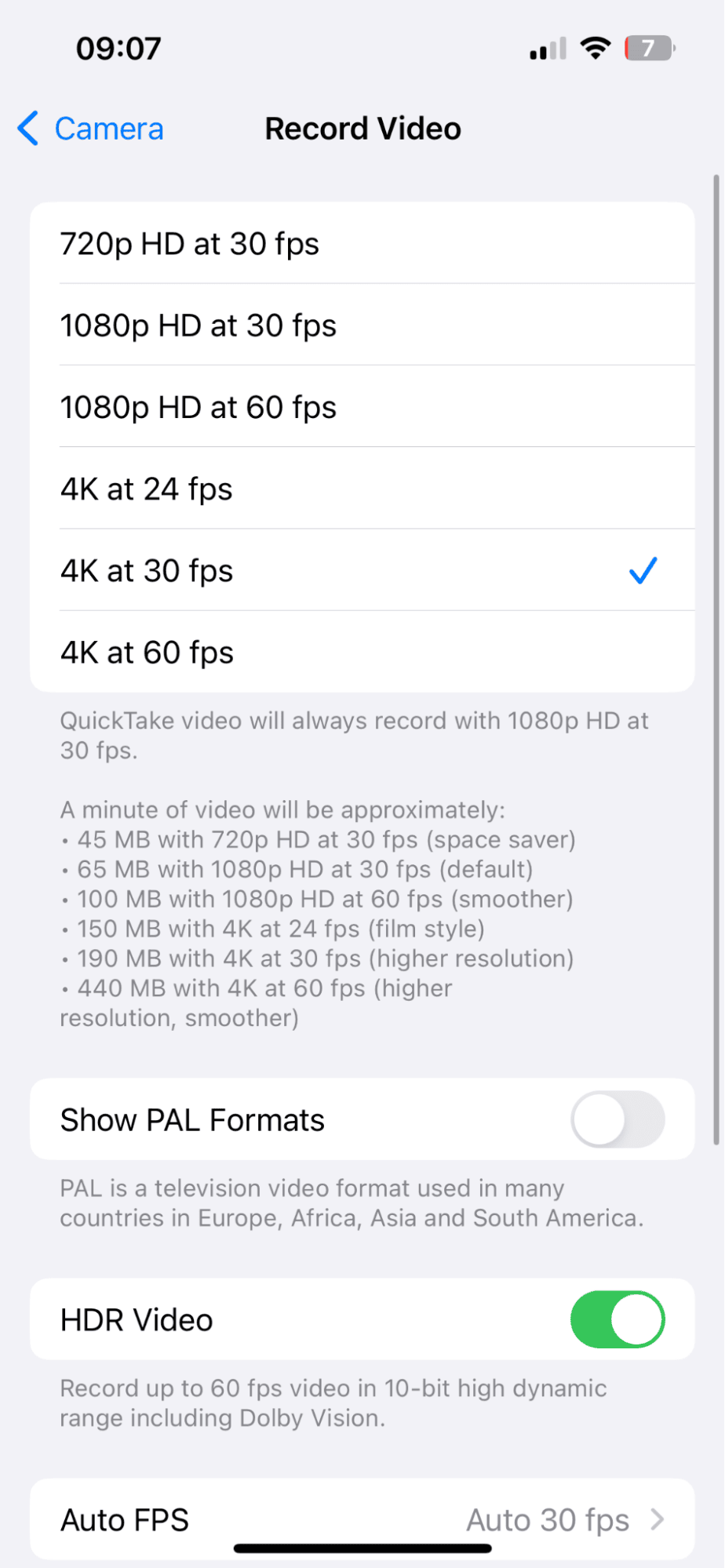 Record video settings