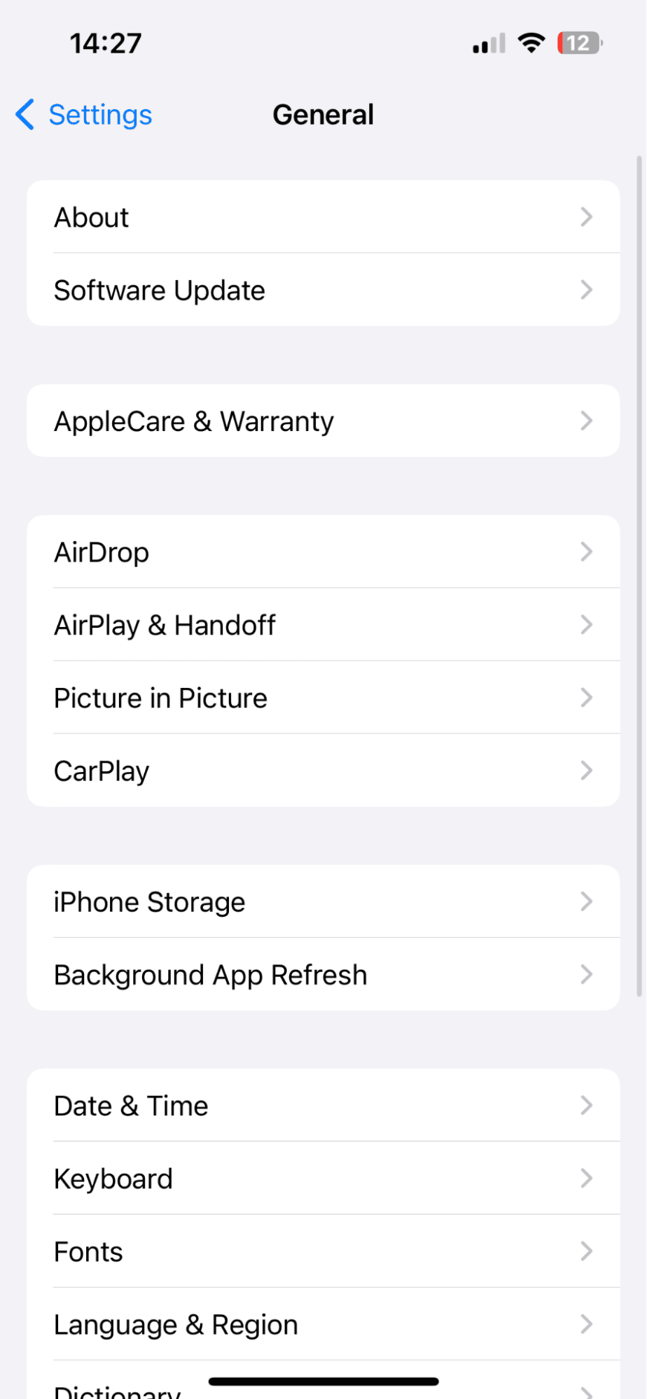 General settings on iPhone