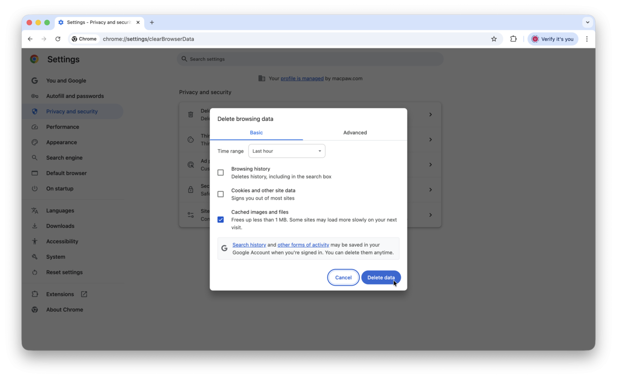 Delete cache in Chrome