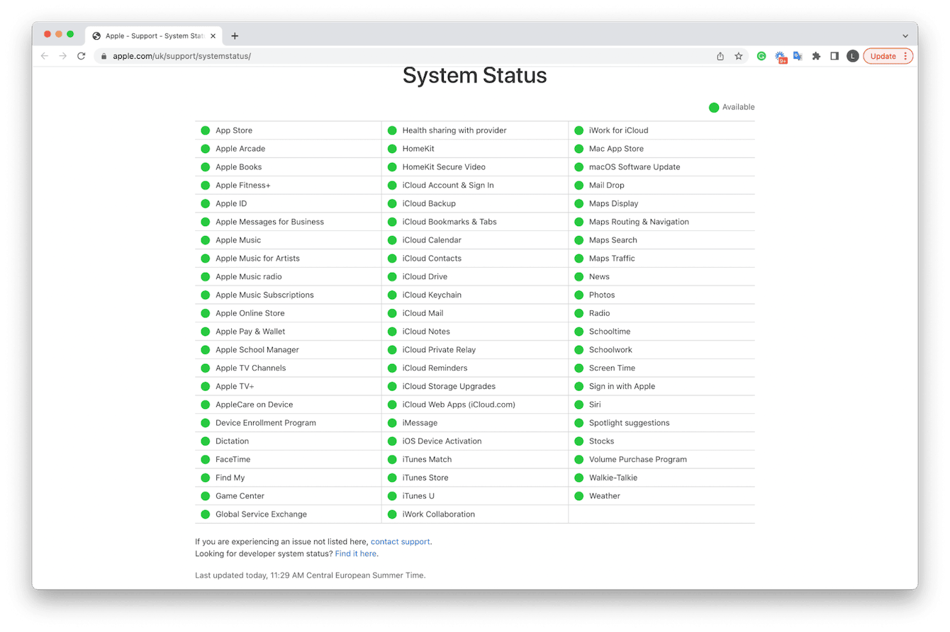 Apple System Status Page