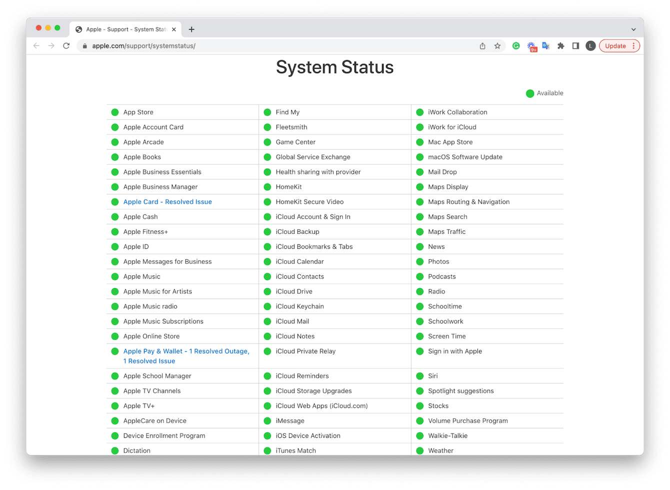 Apple System Status page