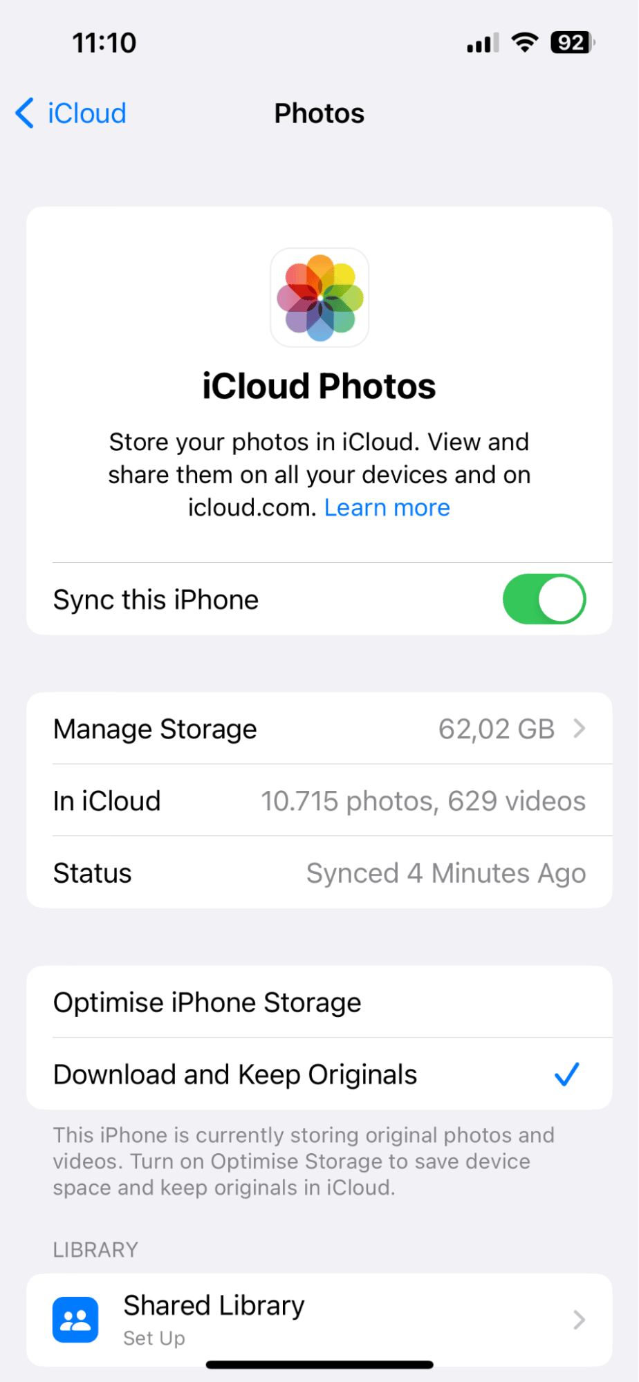 iCloud settings on iPhone