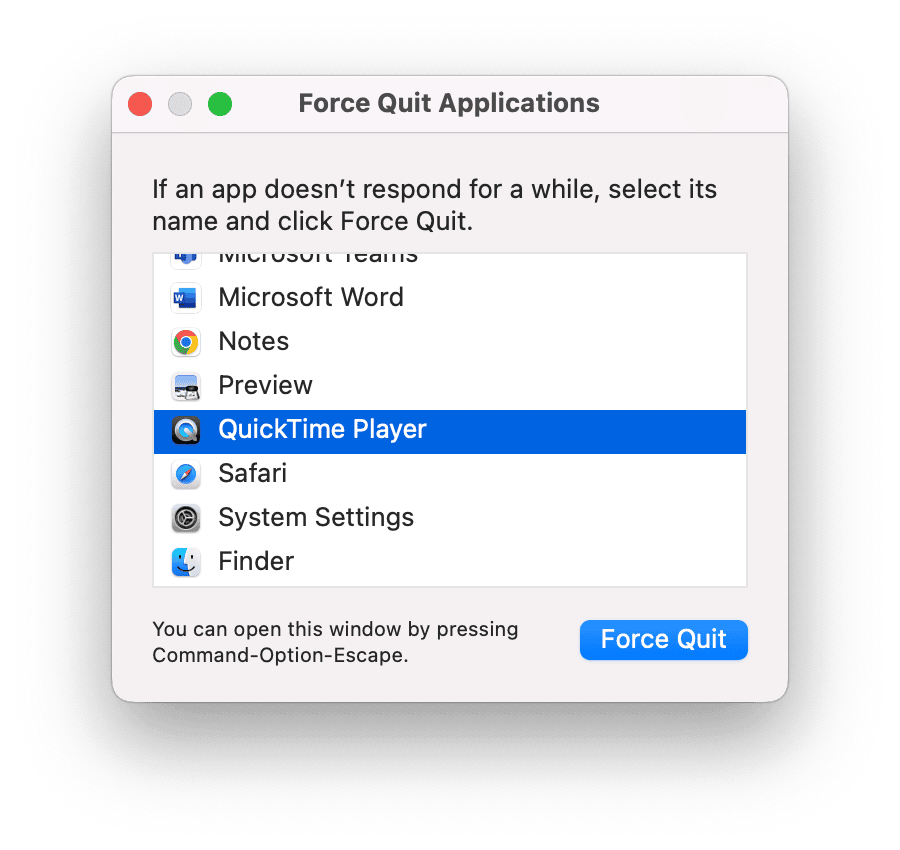 QuickTime player force quit