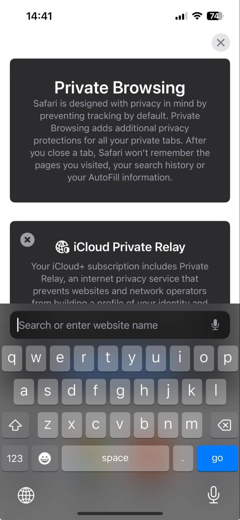 Private Browsing in Safari on iPhone