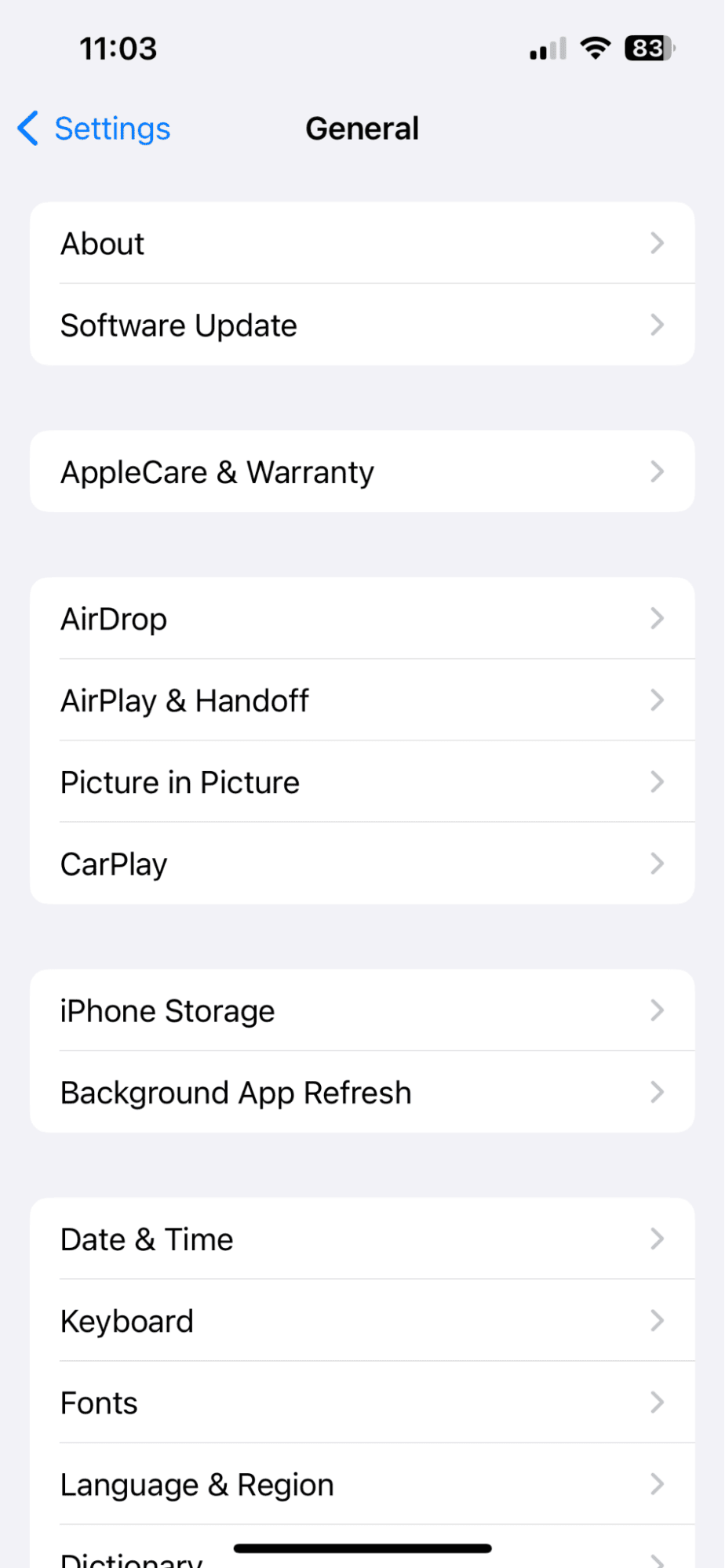 General settings on iPhone