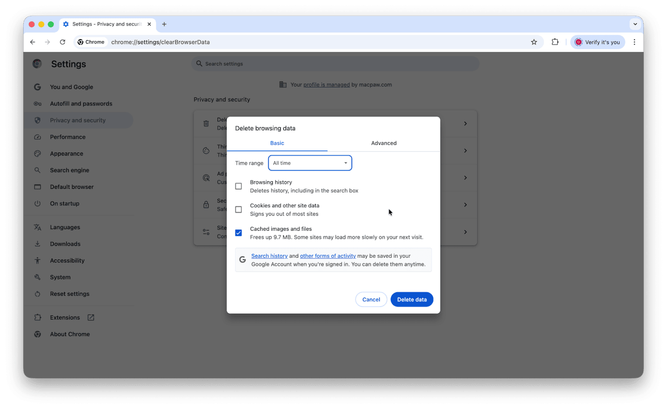 Clear Chrome cache