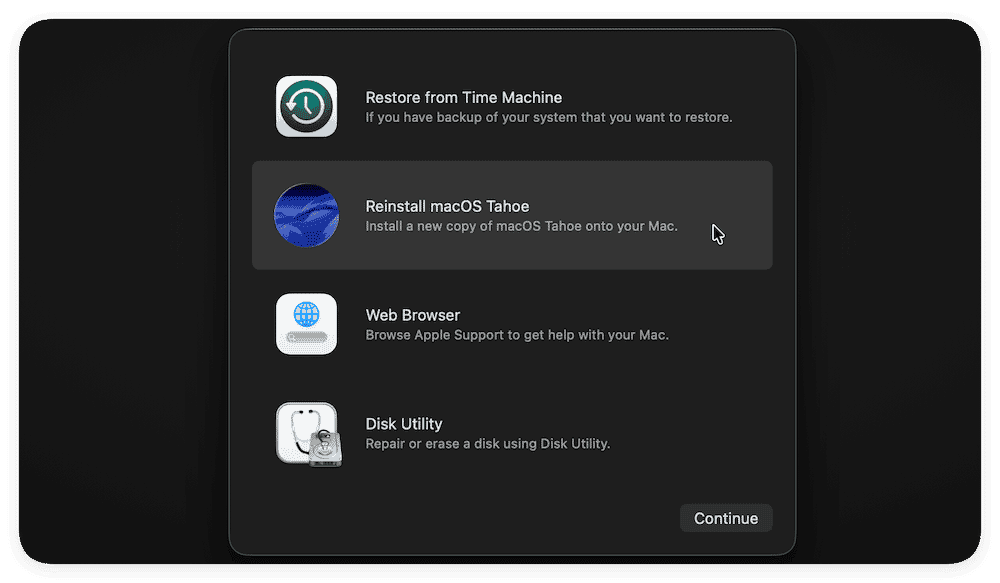 From Recovery, choose Reinstall macOS