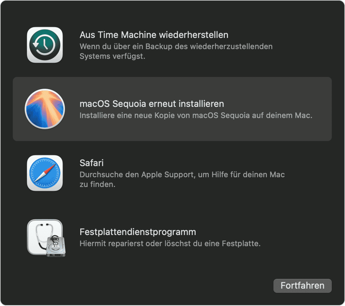 Neustart im Wiederherstellungsmodus und Neuinstallation von macOS