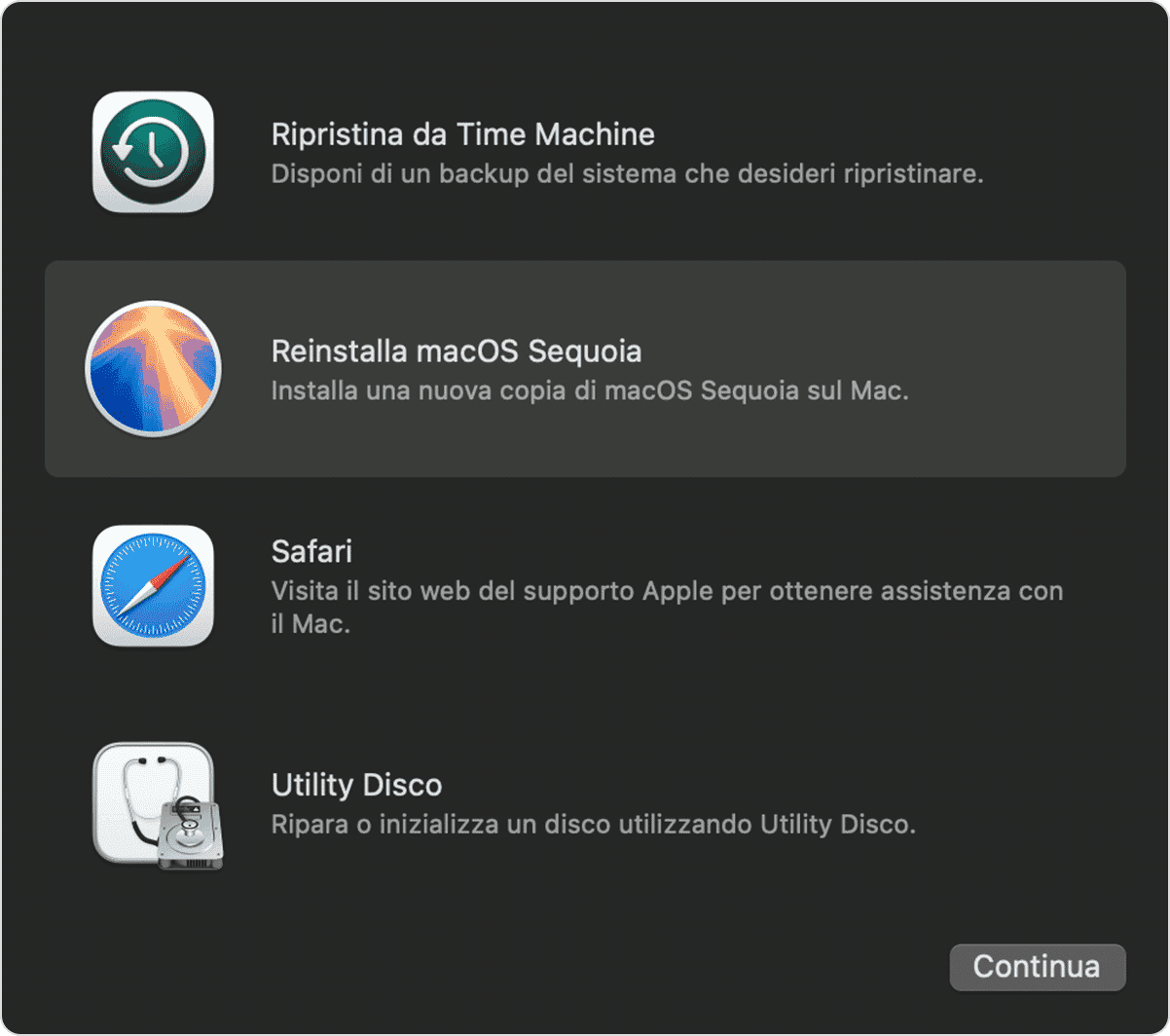Riavvia in modalit&agrave; recovery e reinstalla macOS