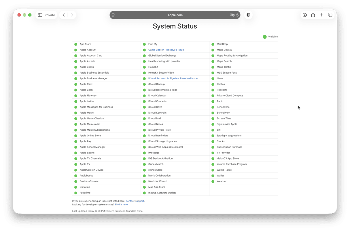 Apple System Status page