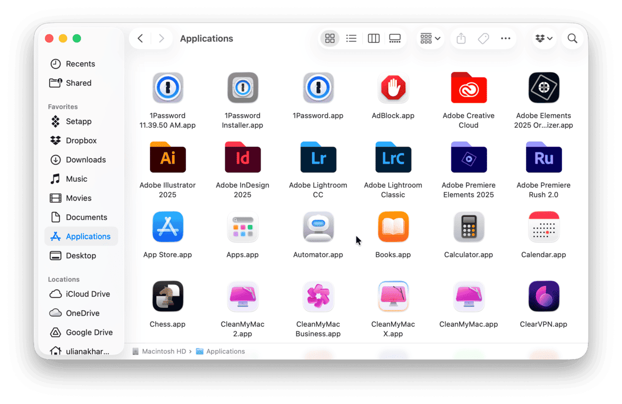 Applications folder on Mac