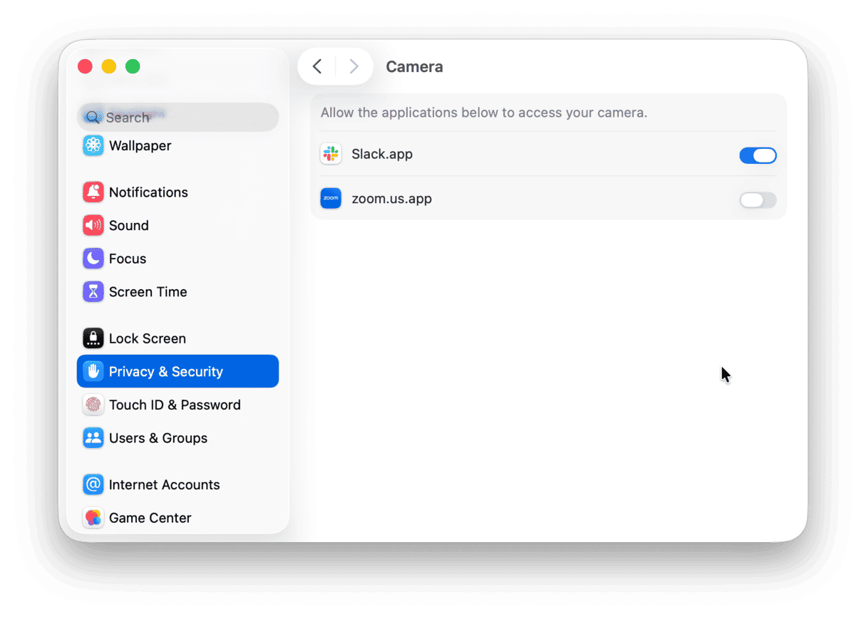 System Settings > Privacy & Security > Camera