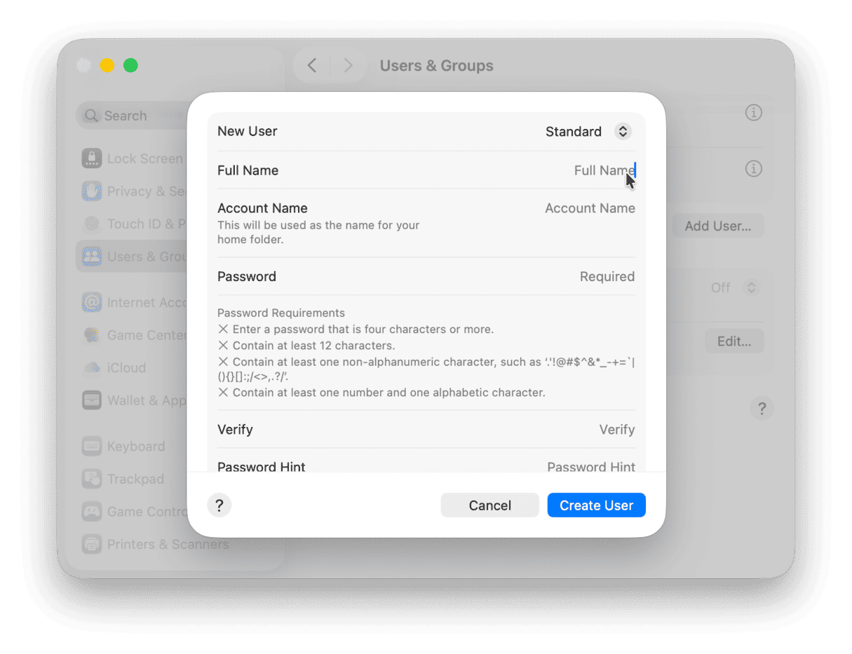 Setting up a new user account