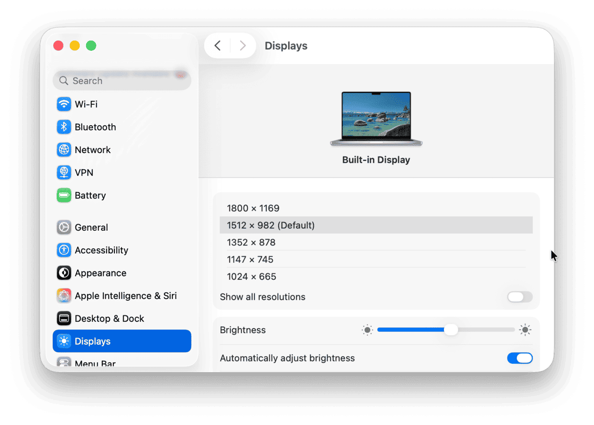 Resolution settings in Display menu