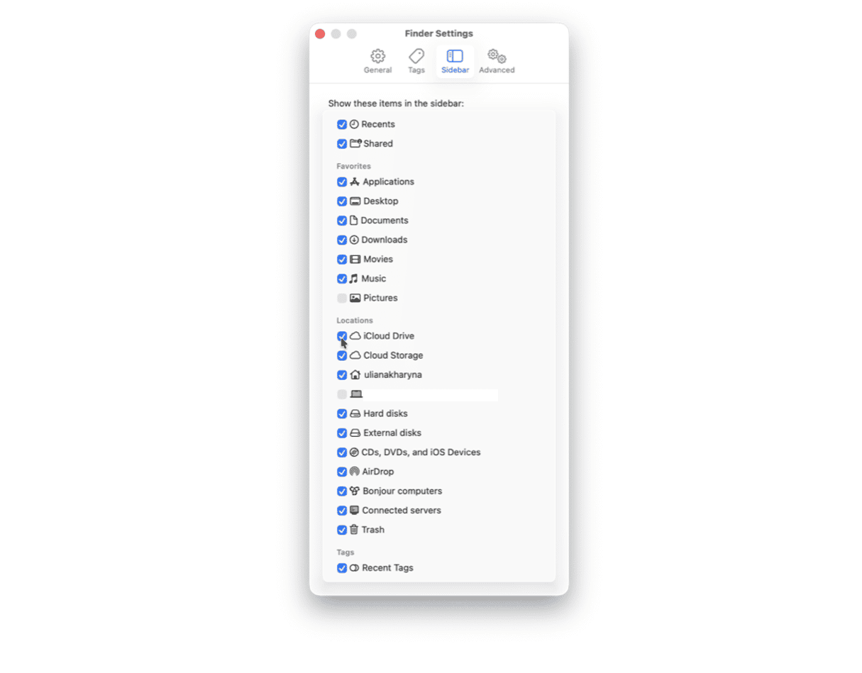 Finder sidebar settings