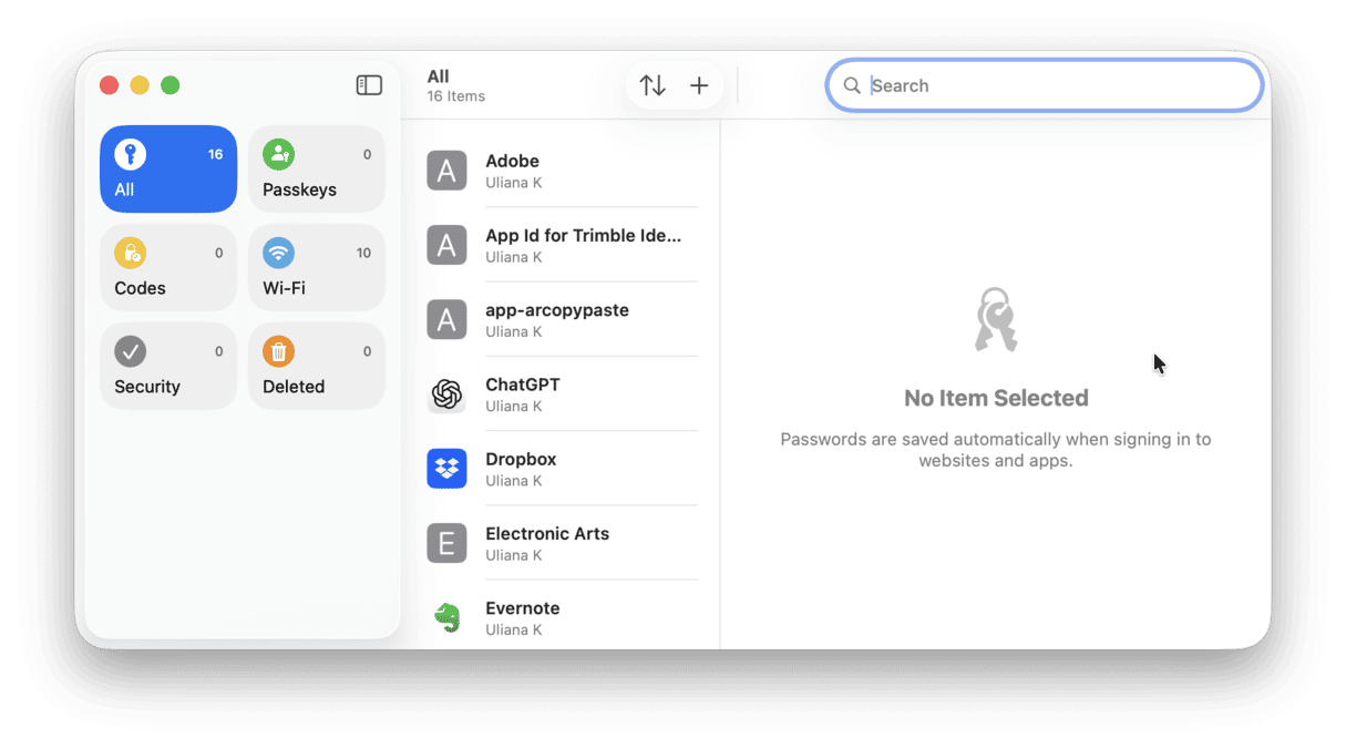 Passwords app on Mac