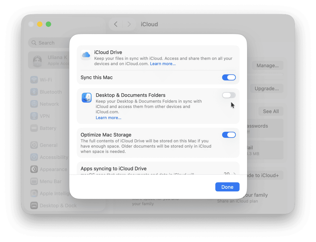 disable iCloud syncing macOS Tahoe