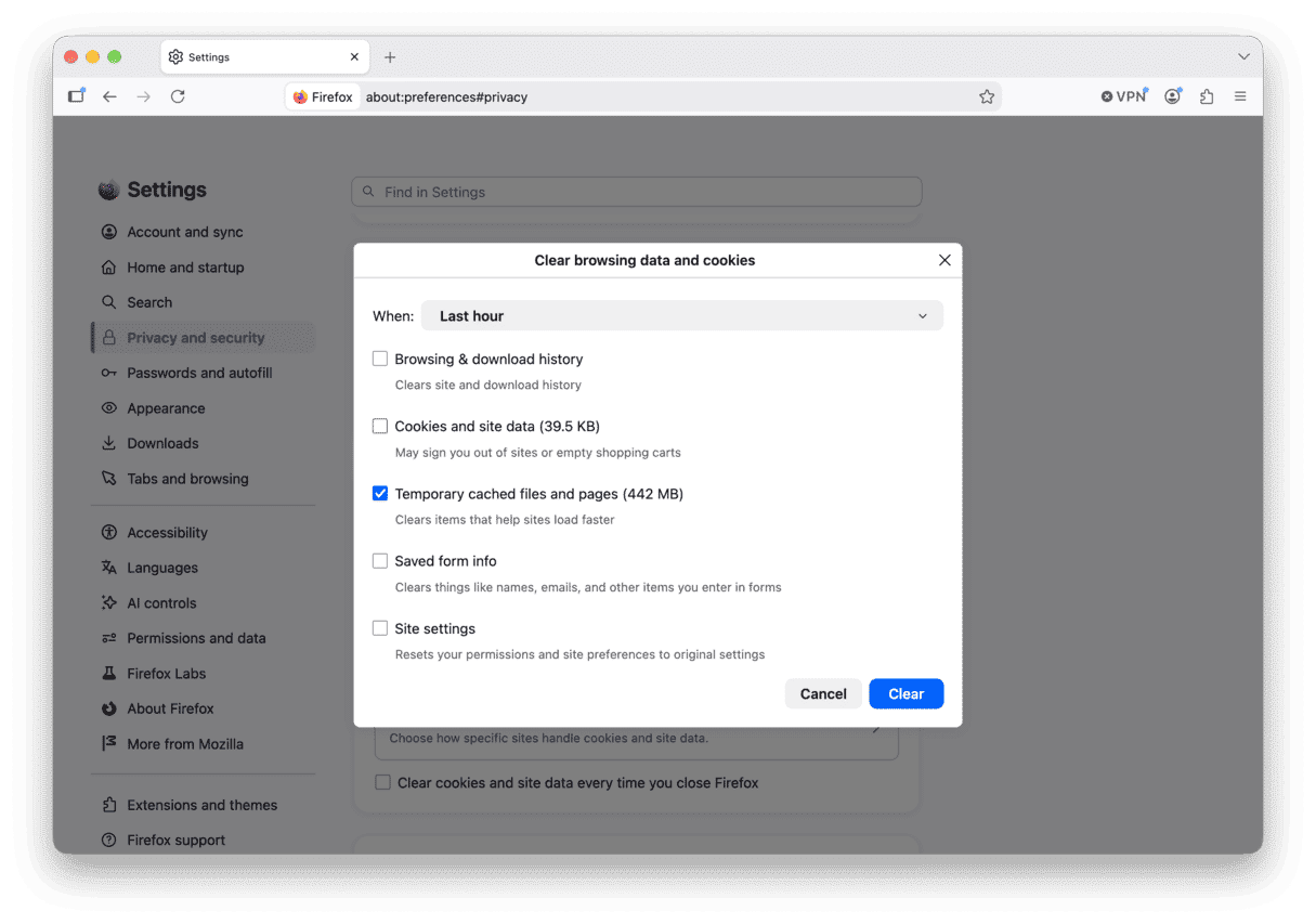 clear cache in Firefox on Mac