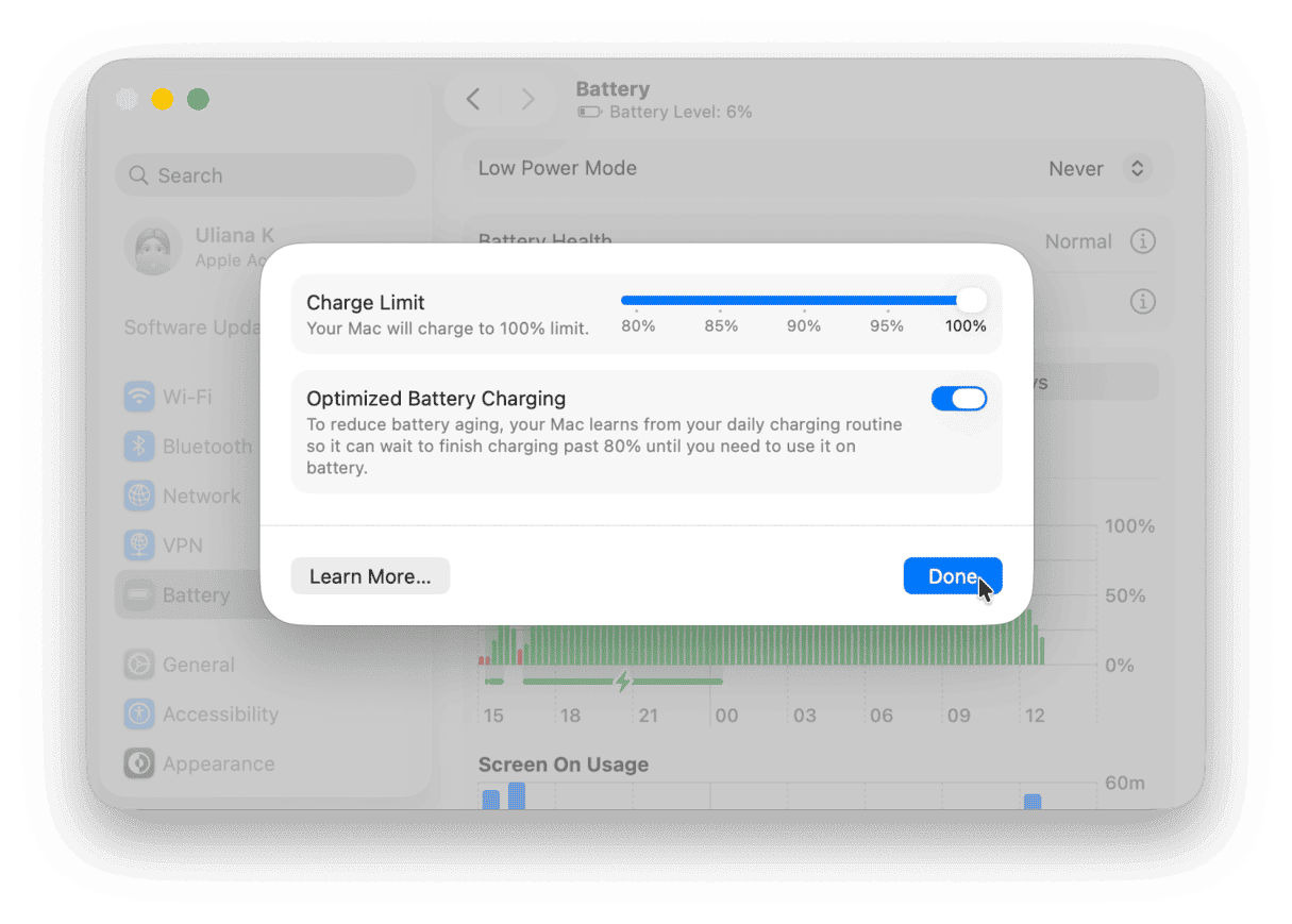 System Settings > Battery > Charging