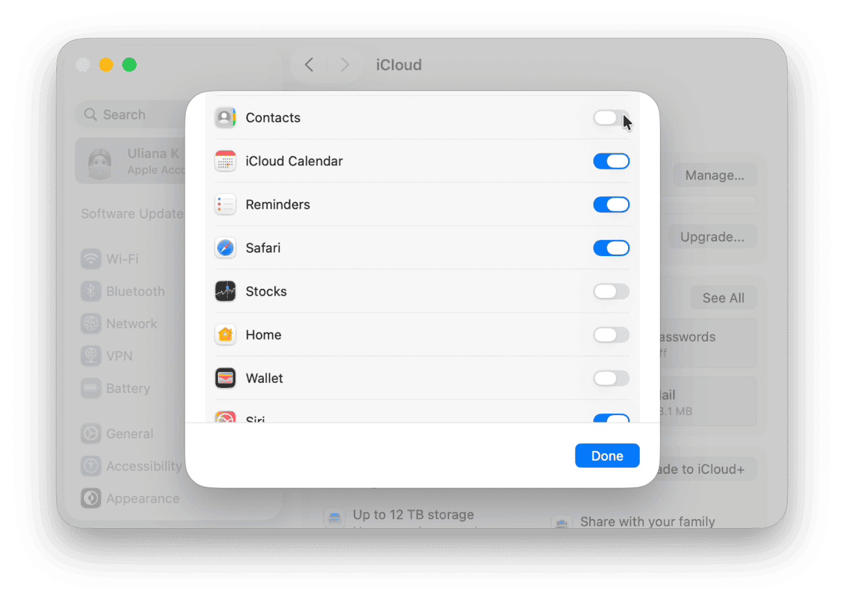 System Settings > Apple Account > iCloud > Show All > Contacts