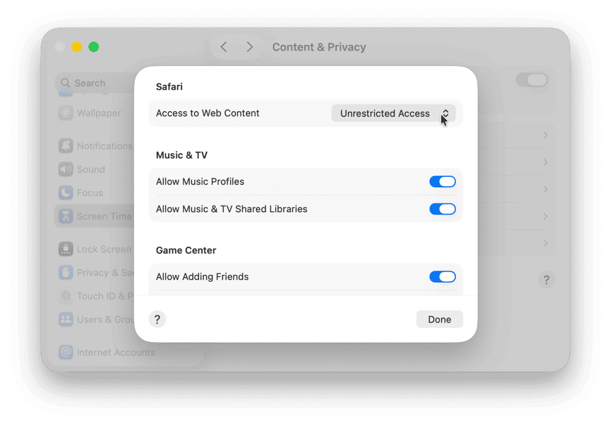 How to check web content restrictions on Mac