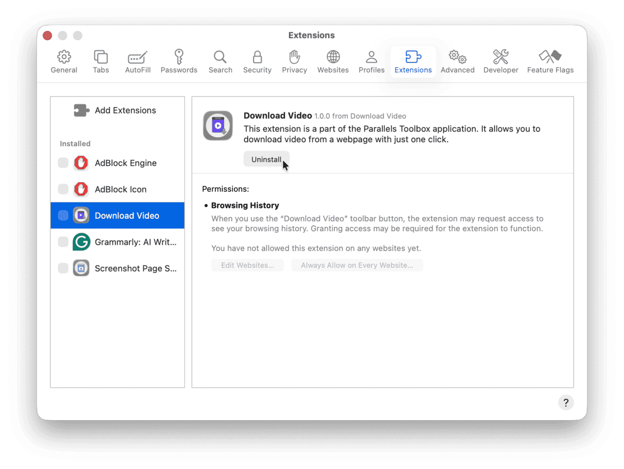 How to remove extensions in Safari