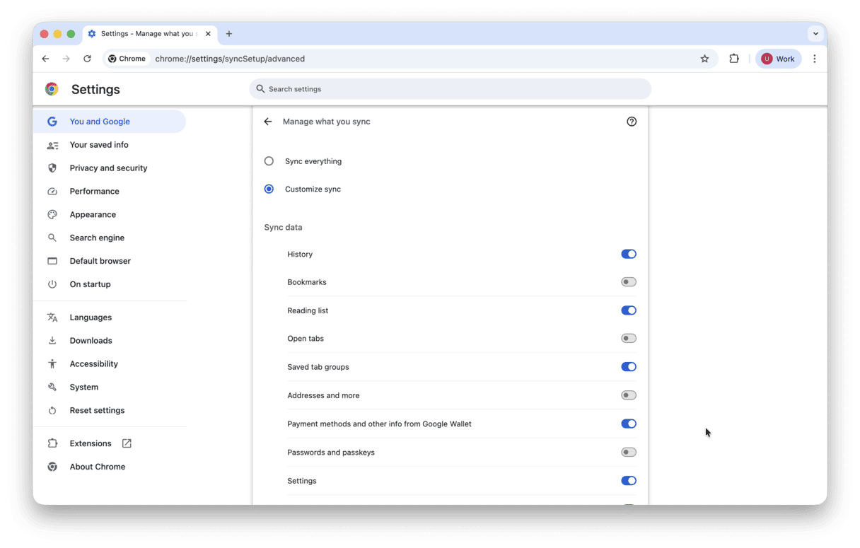 How to customize syncing in Chrome
