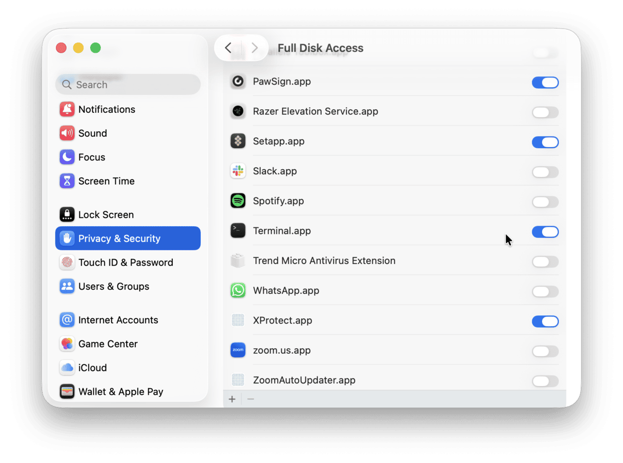 Ensure Full Disk Access is enabled