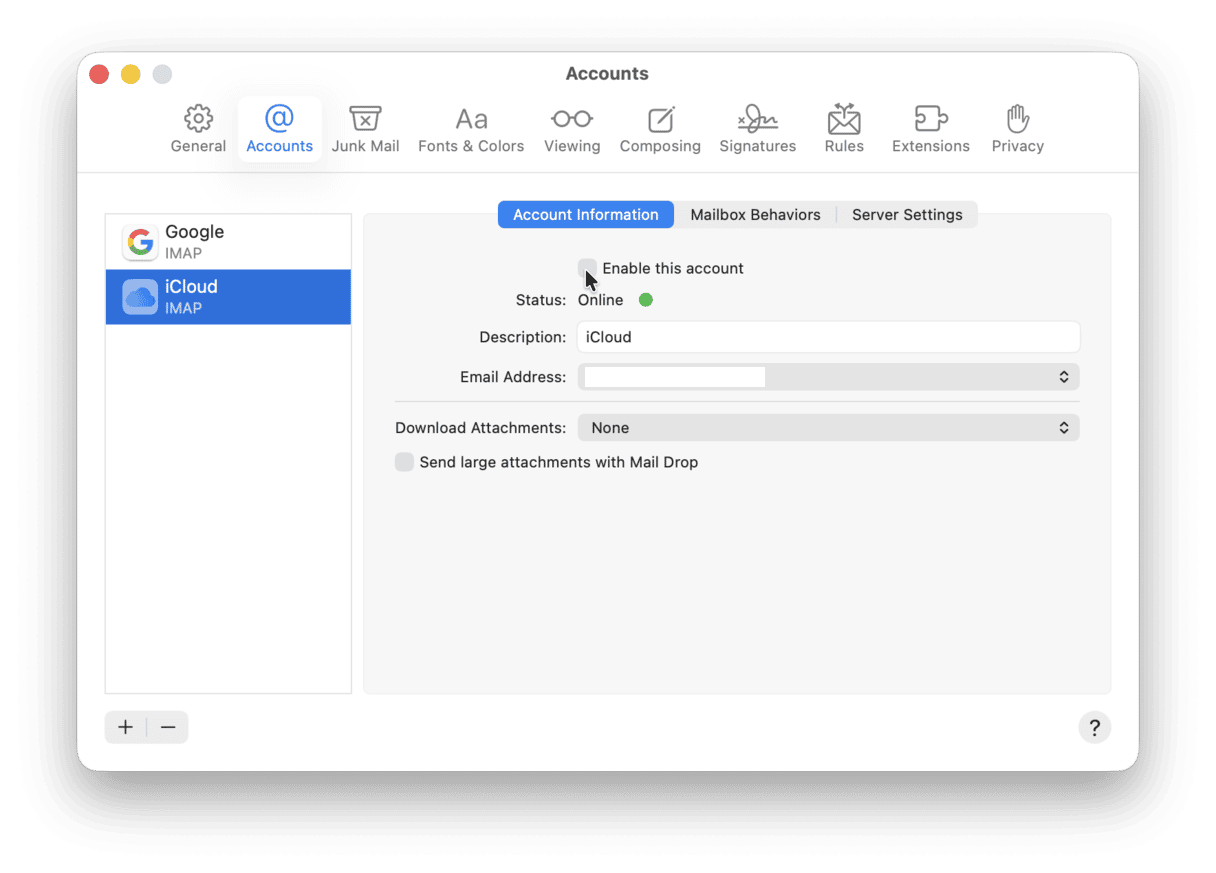 How to disable a Mail account on Mac