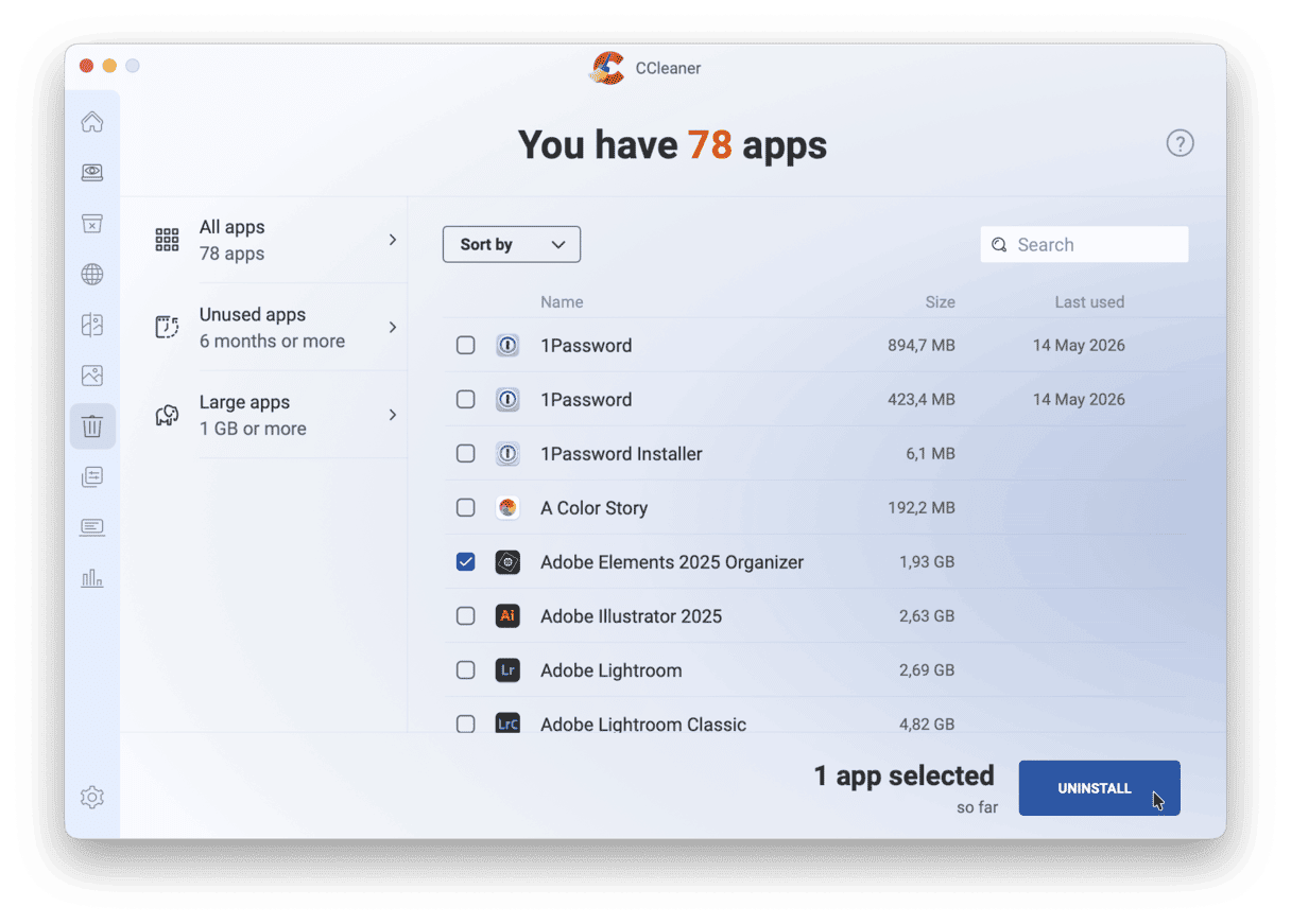 CCleaner for Mac app uninstaller showing 78 installed apps with Adobe Elements 2025 Organizer selected at 1.93 GB alongside large Adobe Illustrator and Lightroom entries