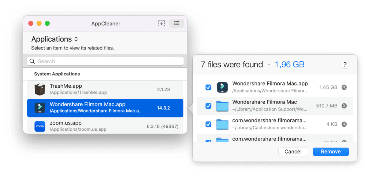 AppCleaner for Mac showing Wondershare Filmora selected with 7 associated leftover files totaling 1.96 GB including app support and cache folders ready to remove