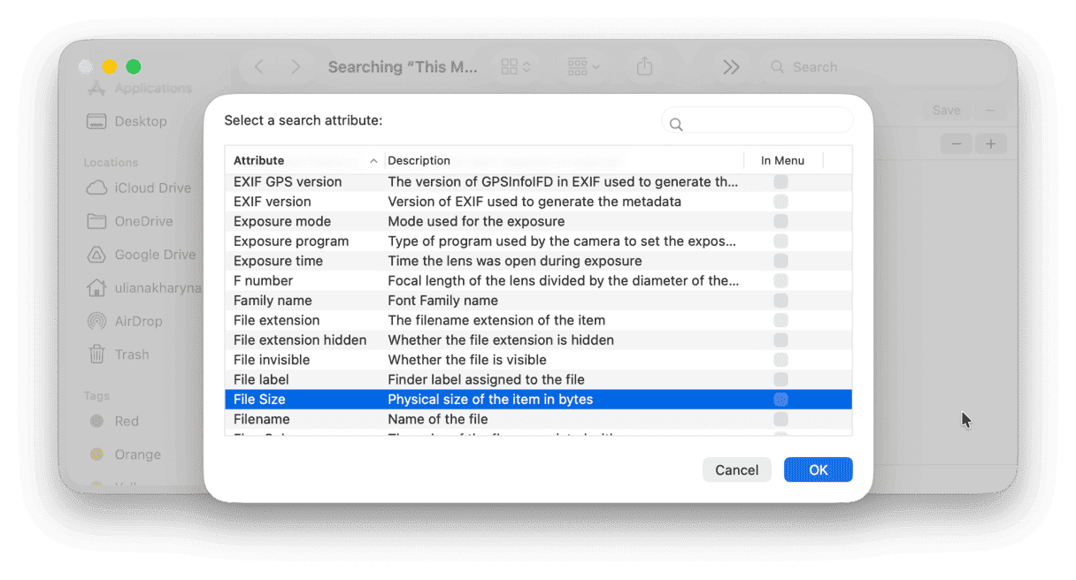 Finder search parameters