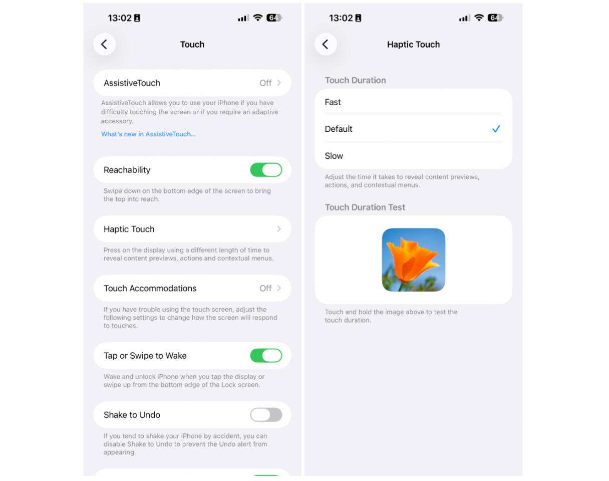 Customize haptic touch settings